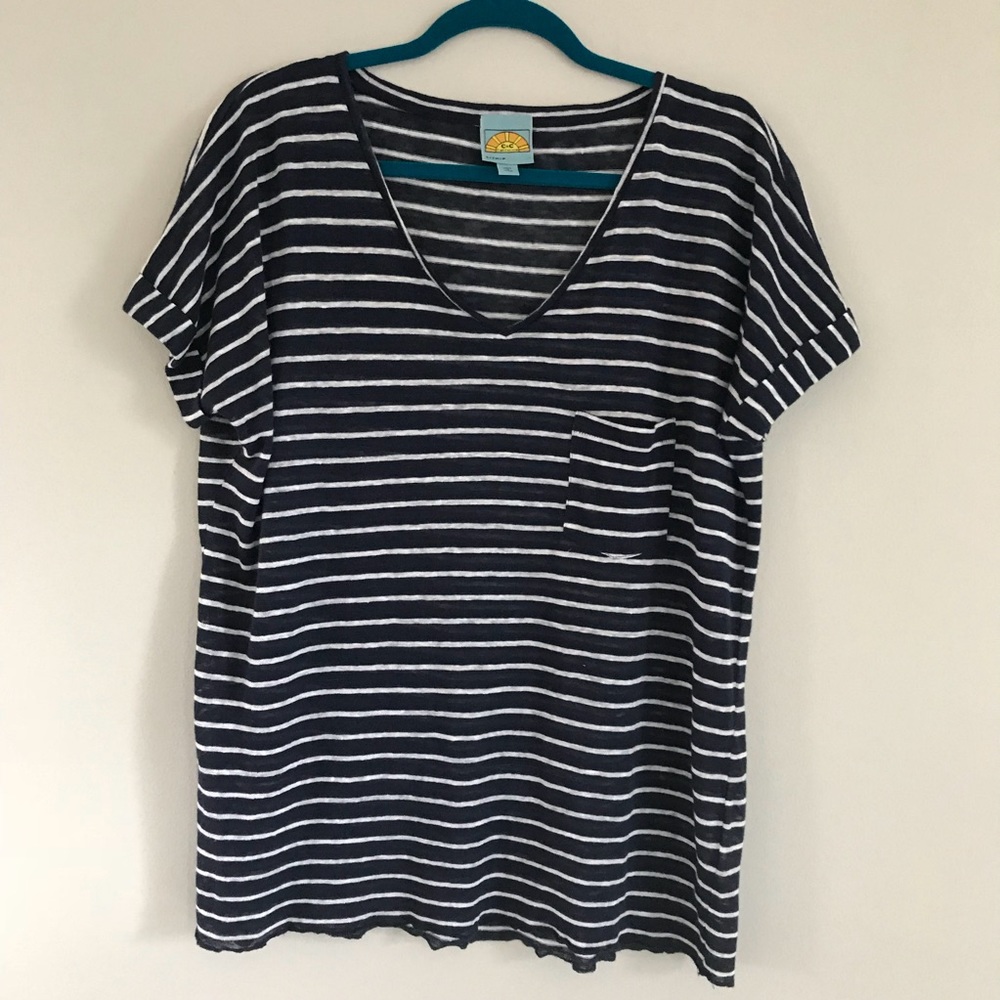 C&C Cali- Navy & White Striped Linen Pocket Tee